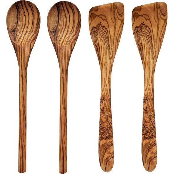 Keukengerei set | Spatel (2x) | Pollepel (2x) | Olijfhout | 30 cm
